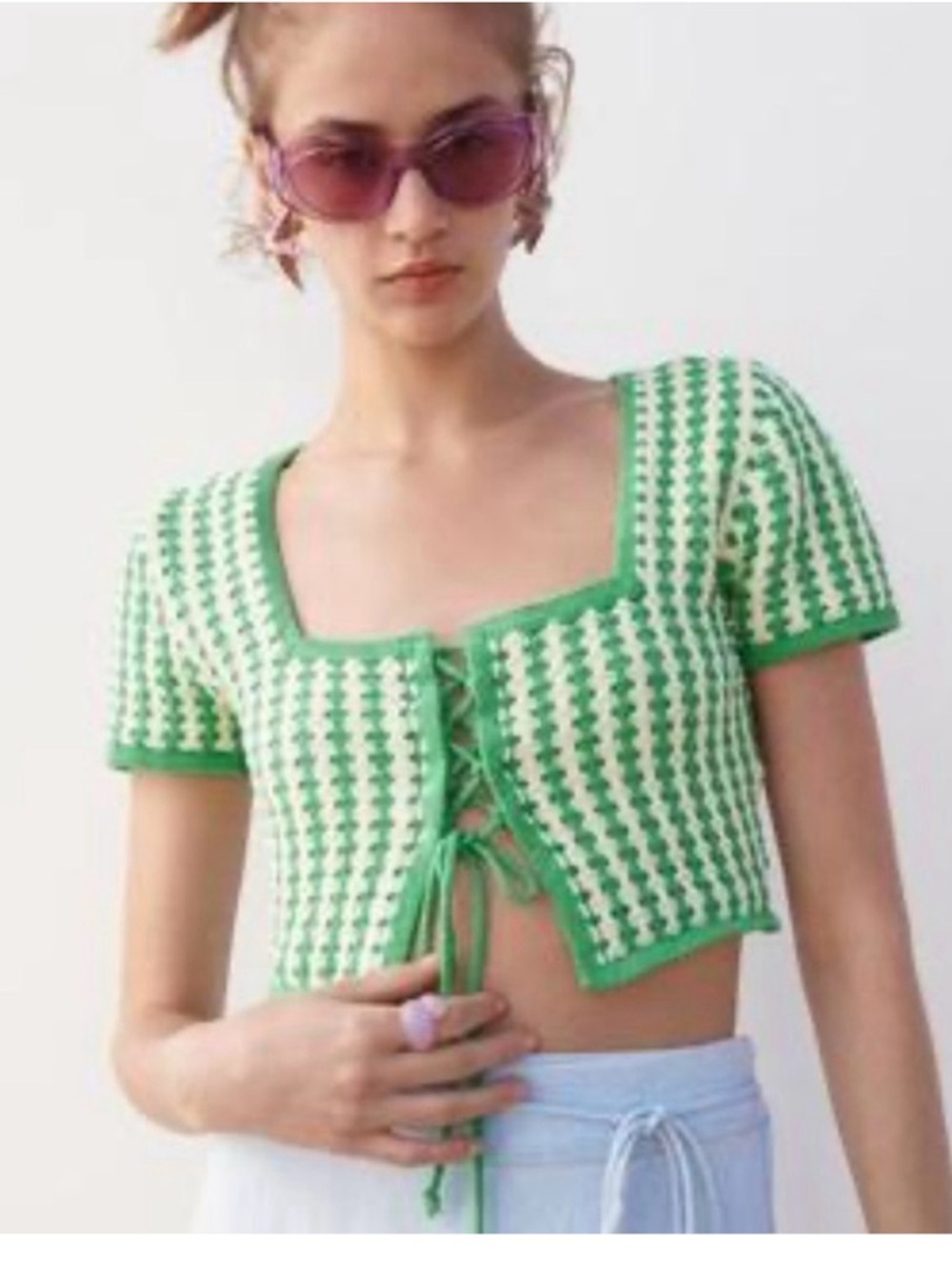 Zara Green & Cream Knit Lace-Up Crop Top - Picture 5 of 10